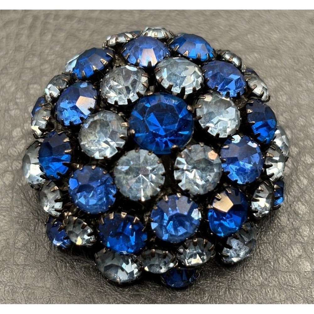 Warner Fabulous Two Tone Blue Rhinestone Dome Brooch Silver Tone